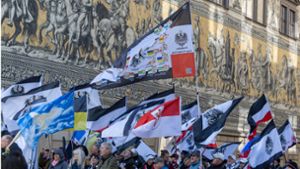 Mehrere hundert Teilnehmer einer Demonstration ziehen mit Flaggen vom Königreich Preußen(schwarz-weiß-schwarz mit Adler) über die Augustusstraße am Fürstenzug in Dresden vorbei (Foto vom 28. Oktober 2023) Foto: dpa/Daniel Schäfer